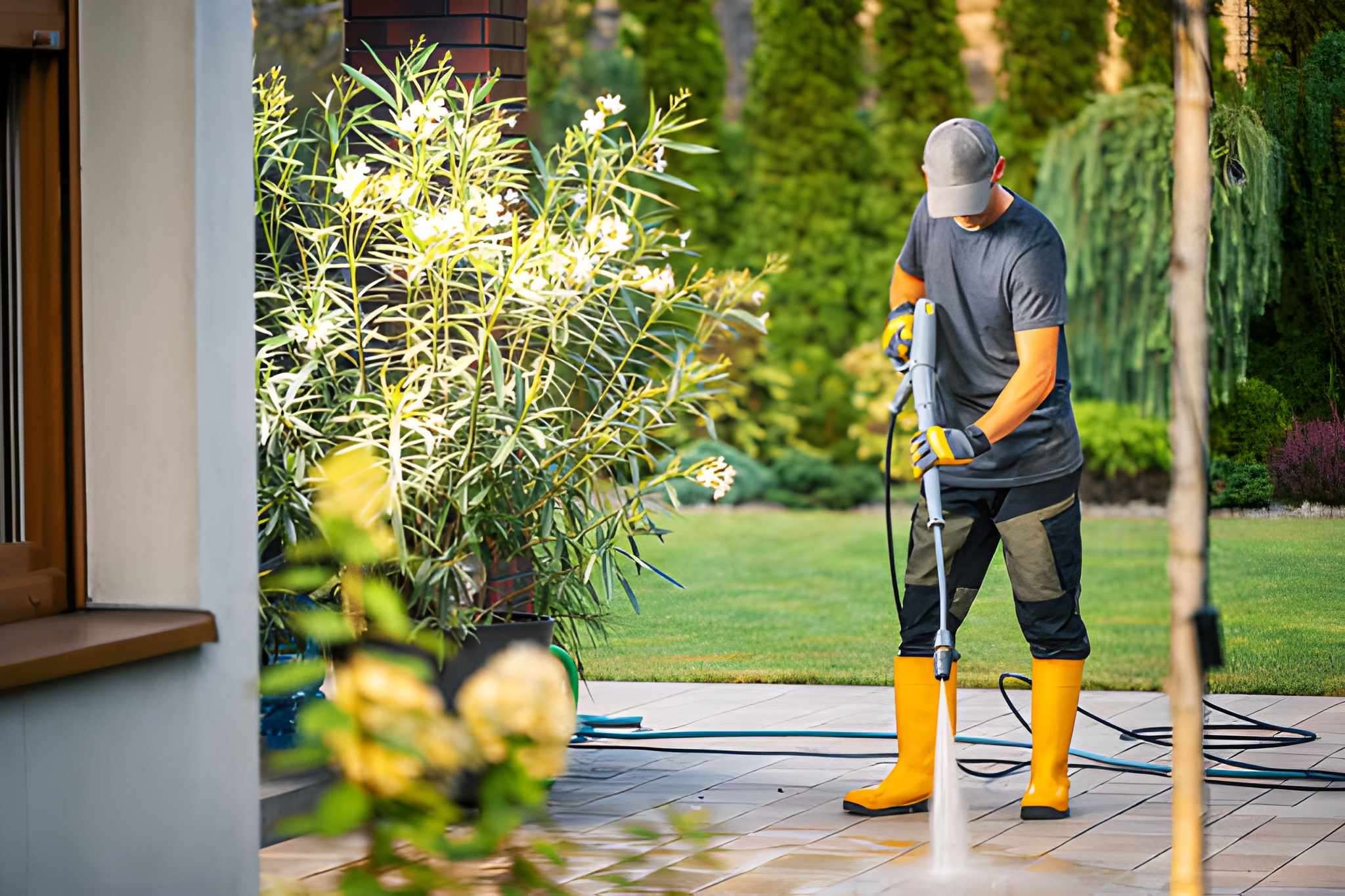 Worker clearing leaves from roof gutter during maintenance and repairs and seasonal home maintenance