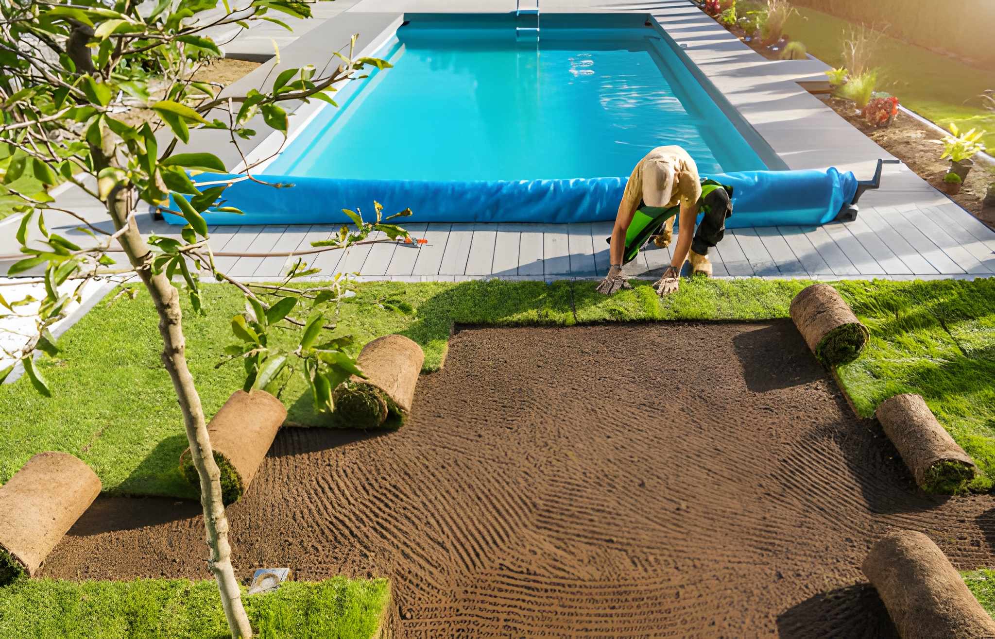 Landscaping crew installing fresh sod and garden beds as part of maintenance and repairs and home maintenance services